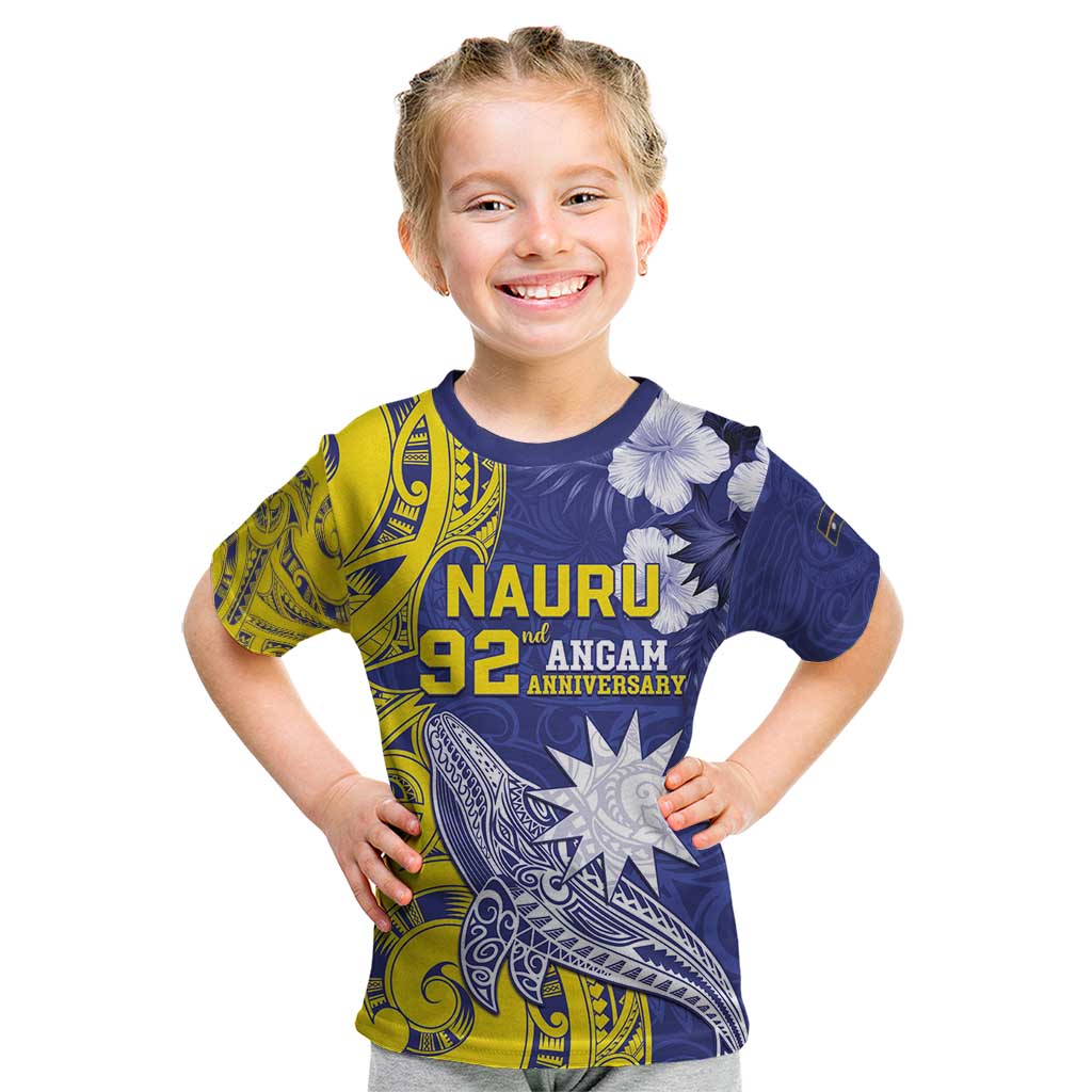Personalised Nauru 92nd Anniversary Of Angam Kid T Shirt Polynesian Whale Pattern LT05 Blue - Polynesian Pride