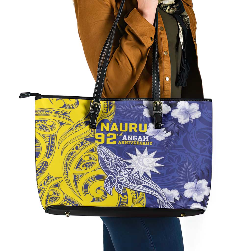Nauru 92nd Anniversary Of Angam Leather Tote Bag Polynesian Whale Pattern LT05 - Polynesian Pride