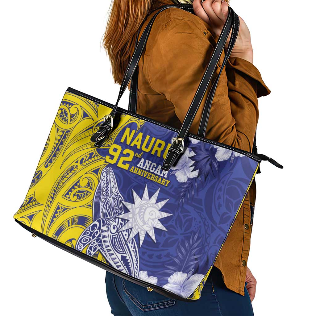 Nauru 92nd Anniversary Of Angam Leather Tote Bag Polynesian Whale Pattern LT05 - Polynesian Pride