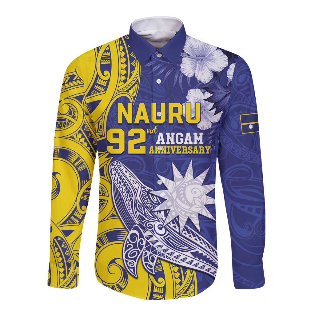 Personalised Nauru 92nd Anniversary Of Angam Long Sleeve Button Shirt Polynesian Whale Pattern LT05 Unisex Blue - Polynesian Pride