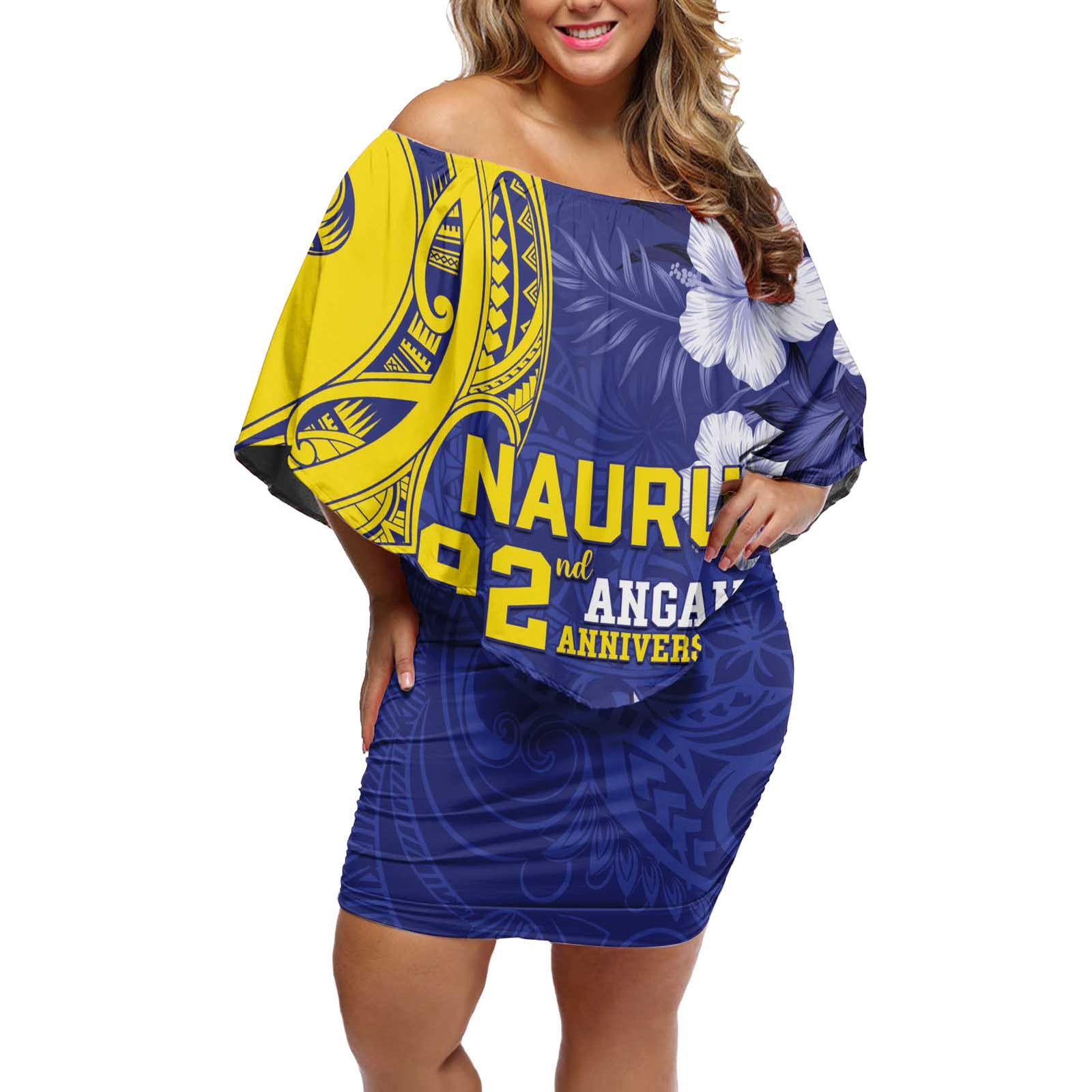 Personalised Nauru 92nd Anniversary Of Angam Off Shoulder Short Dress Polynesian Whale Pattern LT05 Women Blue - Polynesian Pride