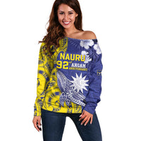Personalised Nauru 92nd Anniversary Of Angam Off Shoulder Sweater Polynesian Whale Pattern LT05 Women Blue - Polynesian Pride