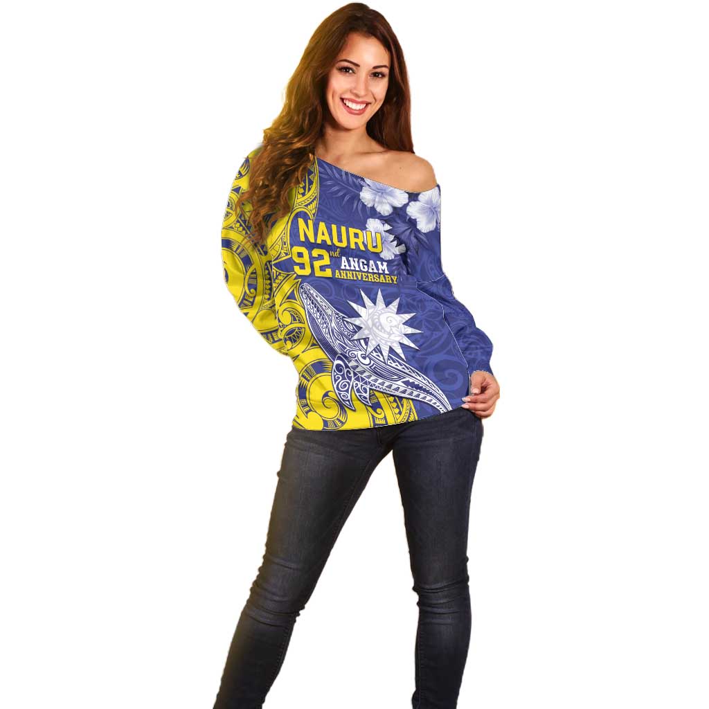 Personalised Nauru 92nd Anniversary Of Angam Off Shoulder Sweater Polynesian Whale Pattern LT05 - Polynesian Pride