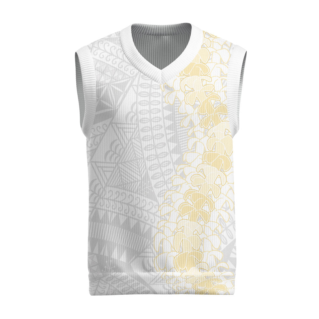 Niue White Sunday Christmas Knitted V-Neck Vest Niuean Hiapo With Puakenikeni Lei LT05 White - Polynesian Pride