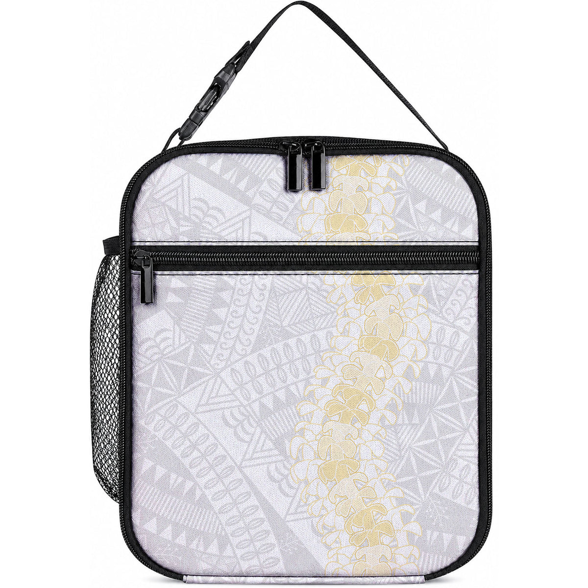 Niue White Sunday Lunch Bag Niuean Hiapo With Puakenikeni Lei LT05 10.2 × 8.3 × 4.3 inch White - Polynesian Pride