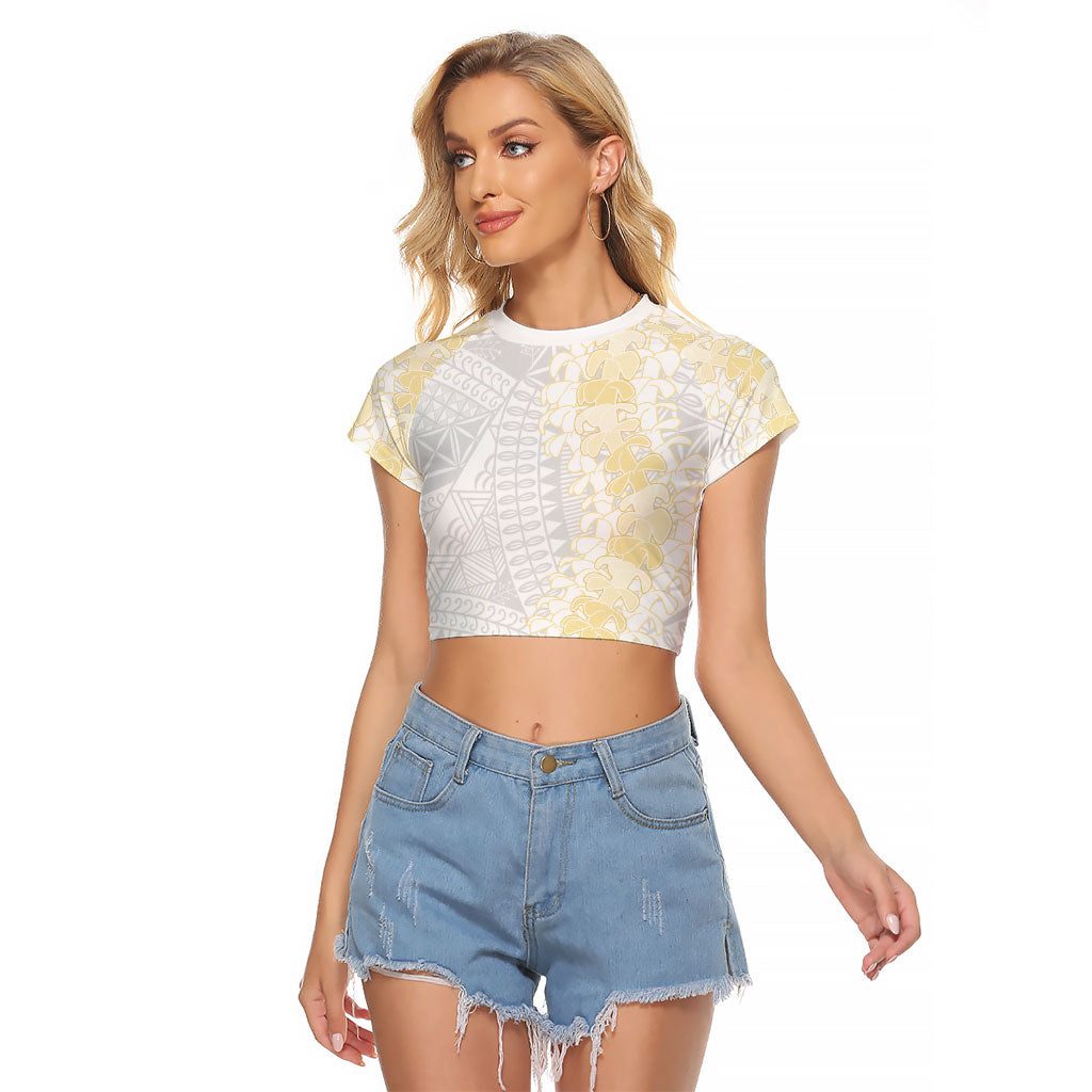 Niue White Sunday Raglan Cropped T Shirt Niuean Hiapo With Puakenikeni Lei LT05 Female White - Polynesian Pride