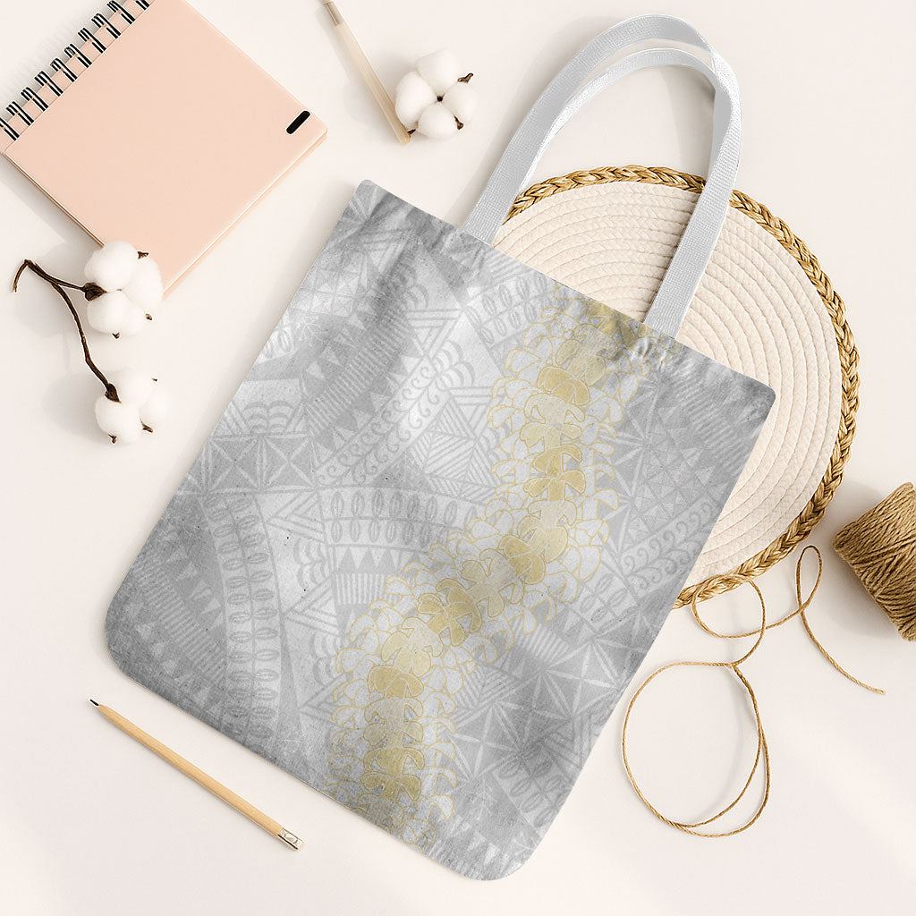 Niue White Sunday Tote Bag Niuean Hiapo With Puakenikeni Lei LT05 White Strap One Size White - Polynesian Pride
