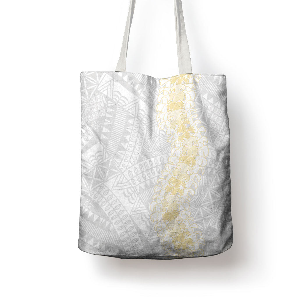Niue White Sunday Tote Bag Niuean Hiapo With Puakenikeni Lei LT05 - Polynesian Pride