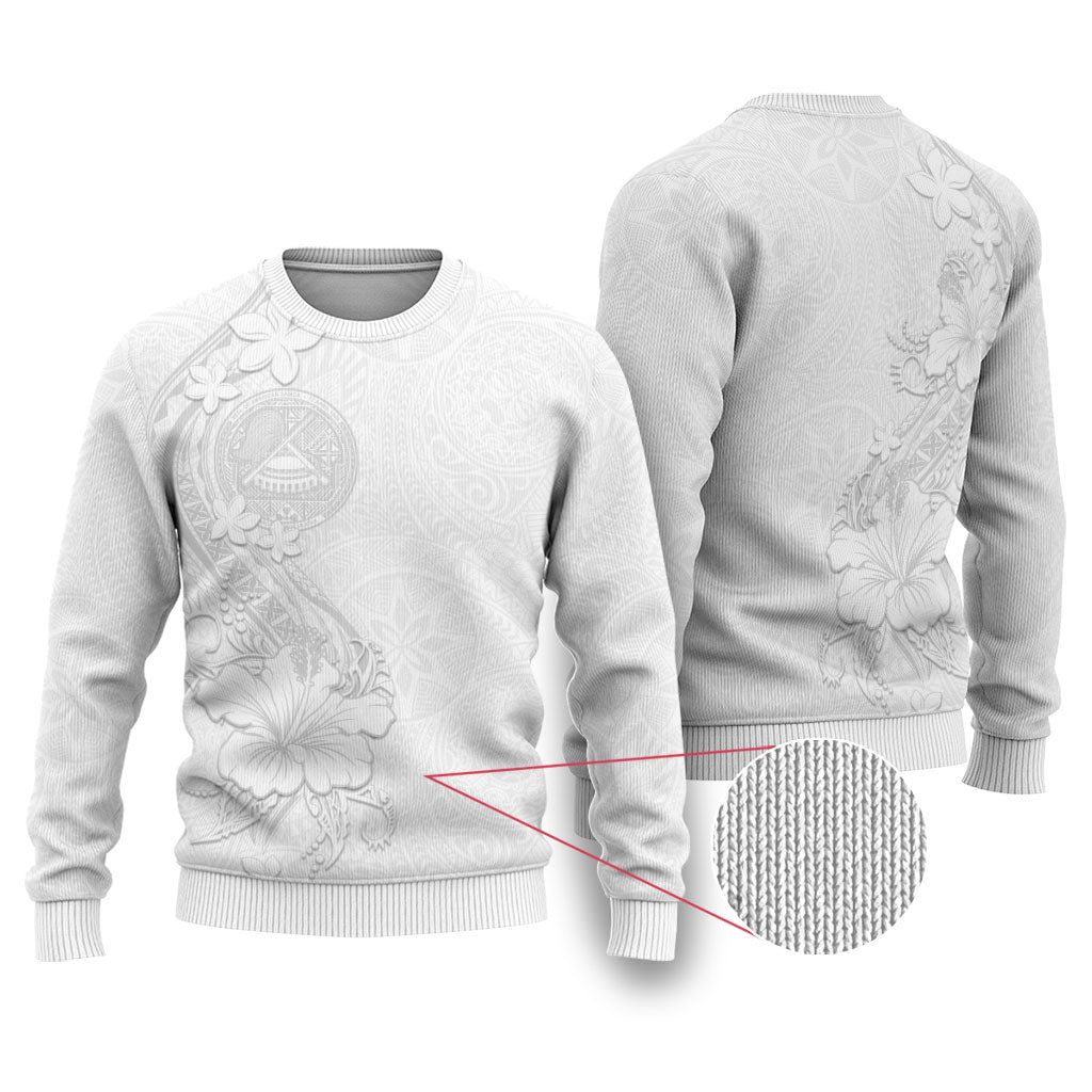 American Samoa White Sunday Ugly Christmas Sweater Polynesian Pattern With Tropical Flowers