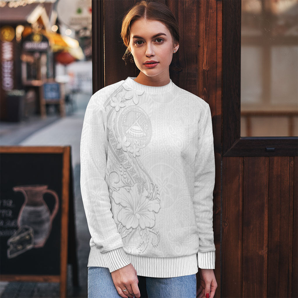 American Samoa White Sunday Ugly Christmas Sweater Polynesian Pattern With Tropical Flowers
