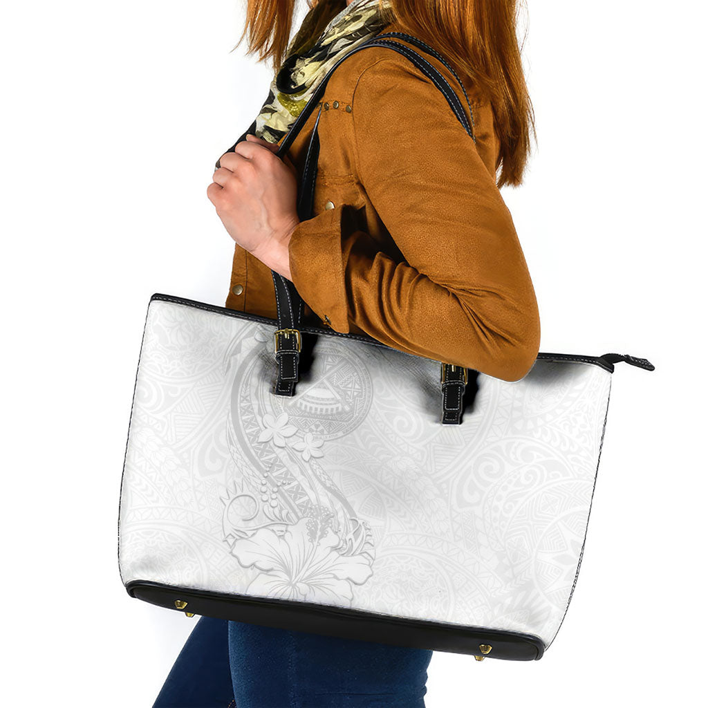 American Samoa White Sunday Leather Tote Bag Polynesian Pattern With Tropical Flowers LT05 White - Polynesian Pride