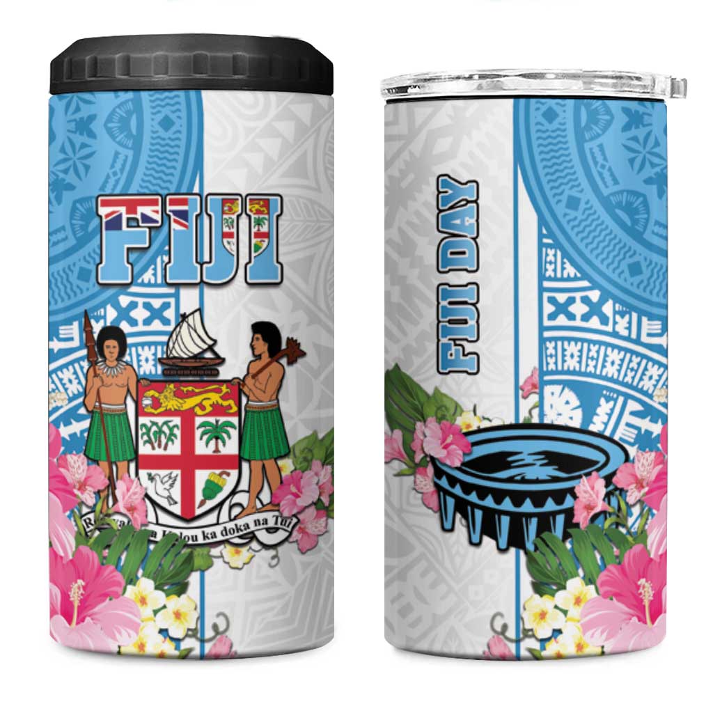 Fiji Day 4 in 1 Can Cooler Tumbler Tanoa Hibiscus Fijian Tapa Masi Pattern