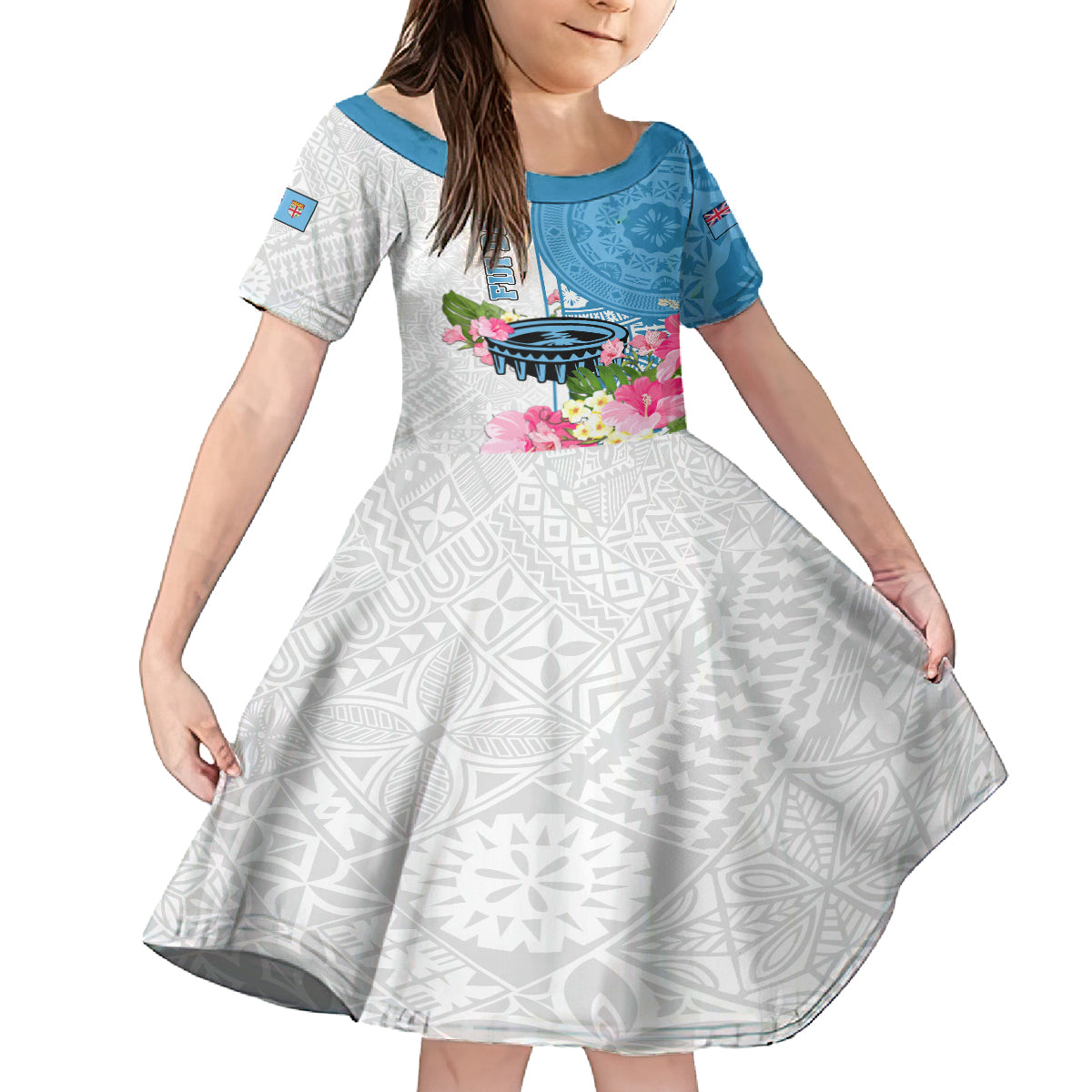 Fiji Day Kid Short Sleeve Dress Tanoa Hibiscus Fijian Tapa Masi Pattern LT05 KID White - Polynesian Pride