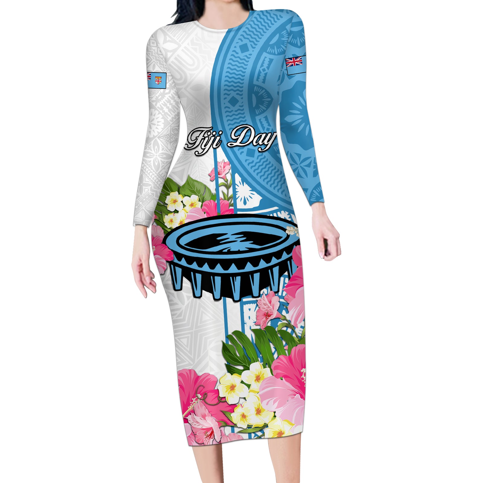 Fiji Day Long Sleeve Bodycon Dress Tanoa Hibiscus Fijian Tapa Masi Pattern LT05 Long Dress White - Polynesian Pride
