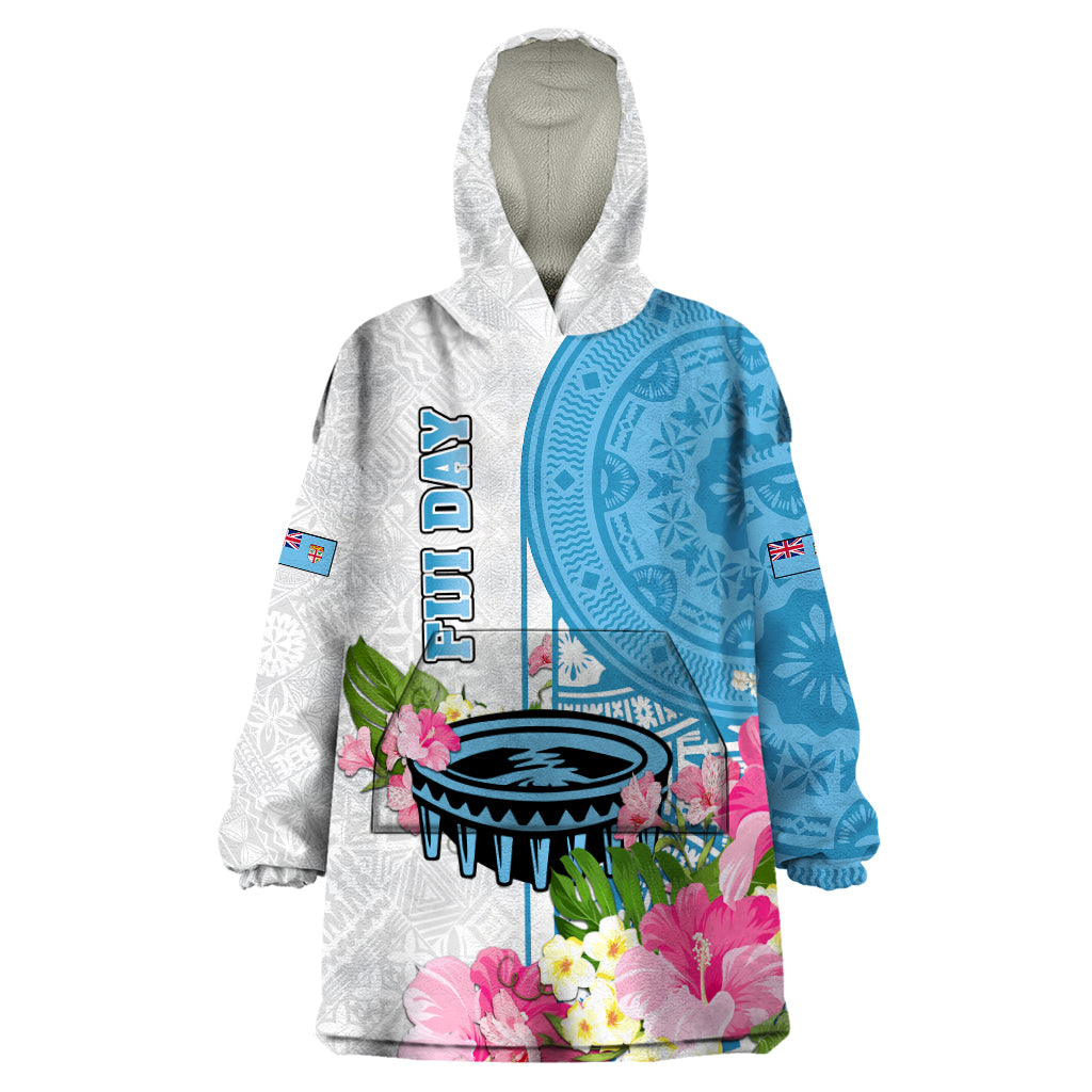 Fiji Day Wearable Blanket Hoodie Tanoa Hibiscus Fijian Tapa Masi Pattern LT05 One Size White - Polynesian Pride