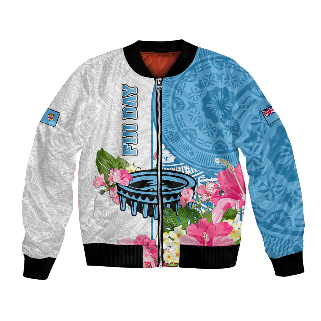 Personalized Fiji Day Bomber Jacket Tanoa Hibiscus Fijian Tapa Masi Pattern LT05 Unisex White - Polynesian Pride