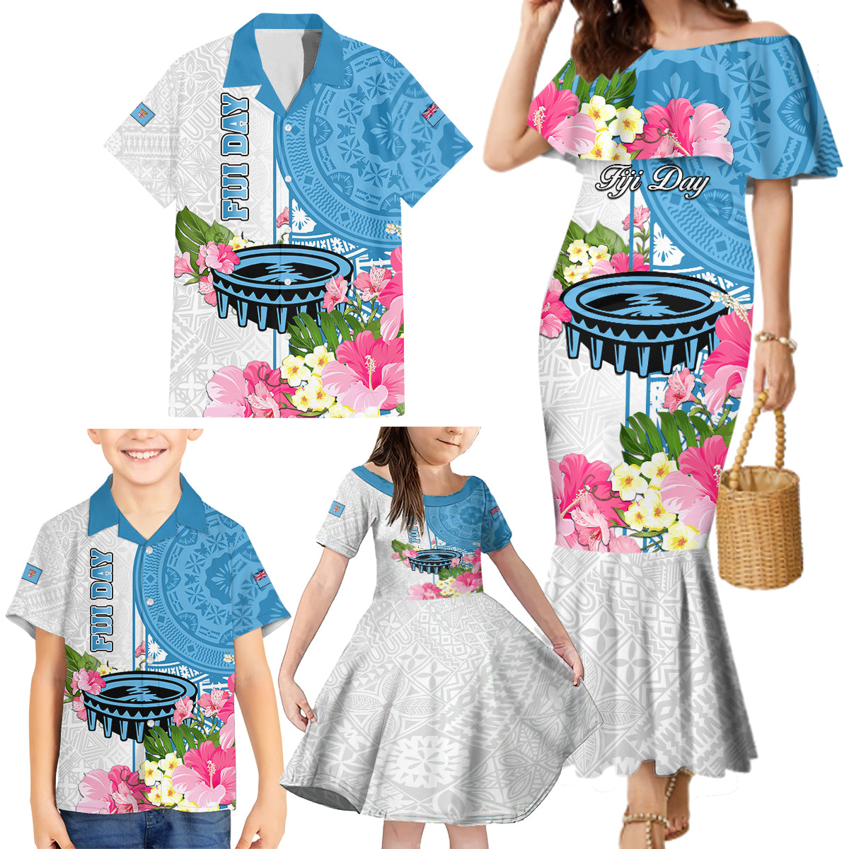 Personalized Fiji Day Family Matching Mermaid Dress and Hawaiian Shirt Tanoa Hibiscus Fijian Tapa Masi Pattern LT05 - Polynesian Pride