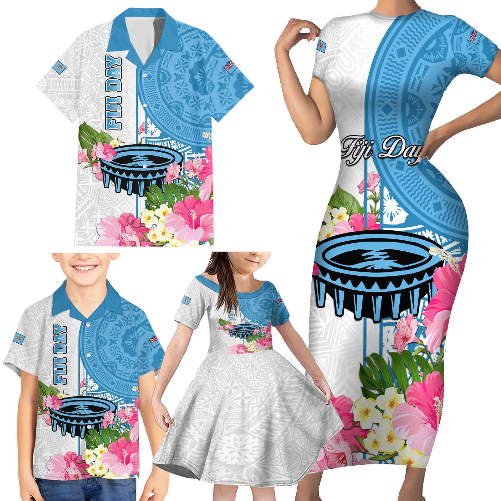 Personalized Fiji Day Family Matching Short Sleeve Bodycon Dress and Hawaiian Shirt Tanoa Hibiscus Fijian Tapa Masi Pattern LT05 - Polynesian Pride