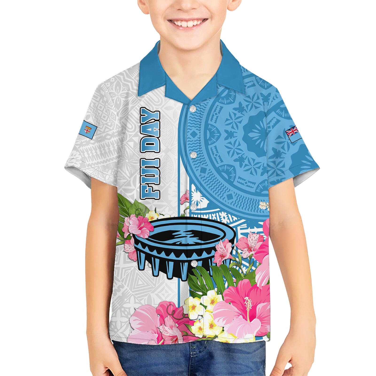 Personalized Fiji Day Kid Hawaiian Shirt Tanoa Hibiscus Fijian Tapa Masi Pattern LT05 Kid White - Polynesian Pride