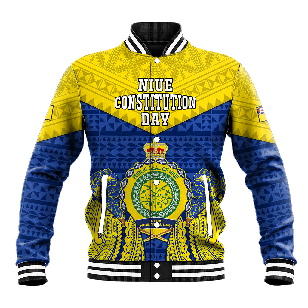 Niue Constitution Day Baseball Jacket Coat Of Arms Niuean Hiapo Pattern LT05 Unisex Yellow - Polynesian Pride