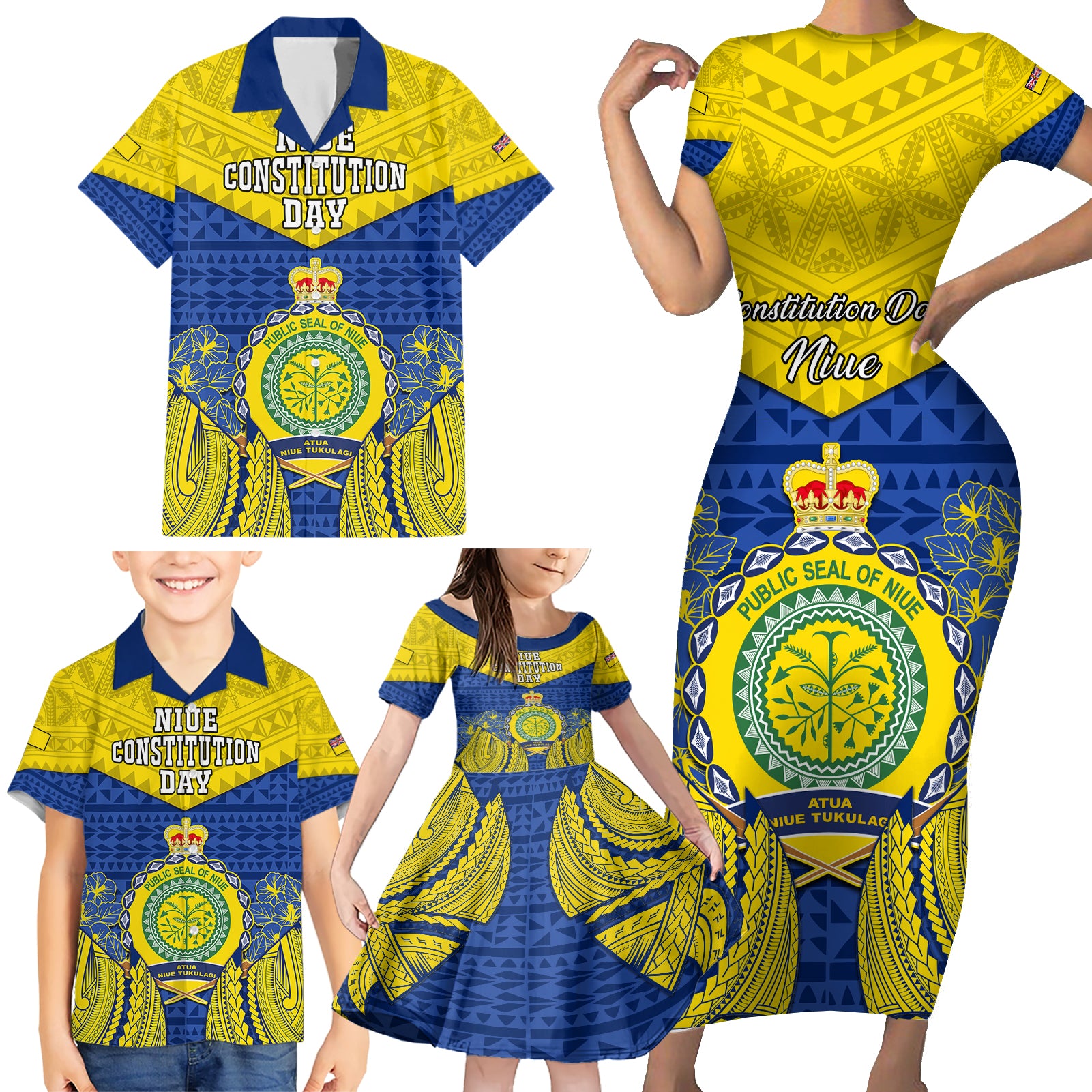 niue-constitution-day-family-matching-short-sleeve-bodycon-dress-and-hawaiian-shirt-coat-of-arms-niuean-hiapo-pattern