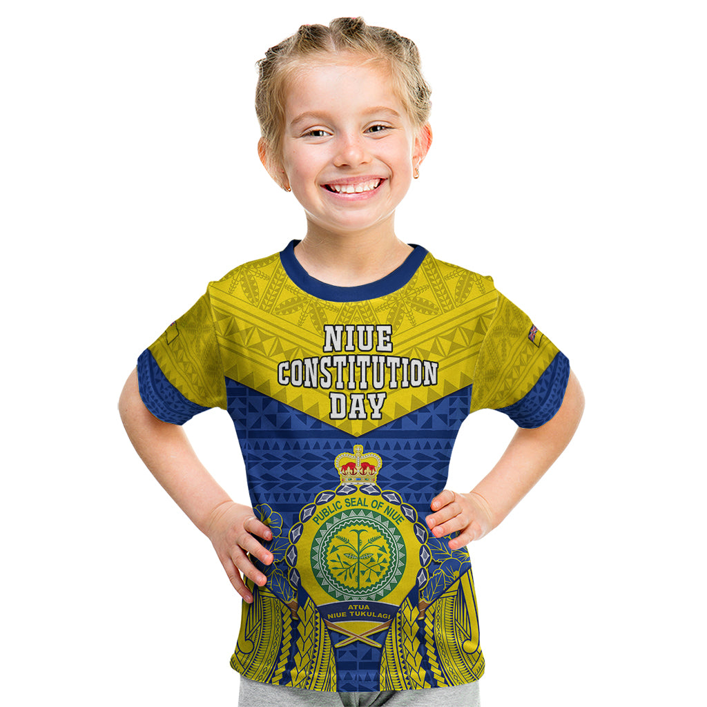 Niue Constitution Day Kid T Shirt Coat Of Arms Niuean Hiapo Pattern LT05 Yellow - Polynesian Pride