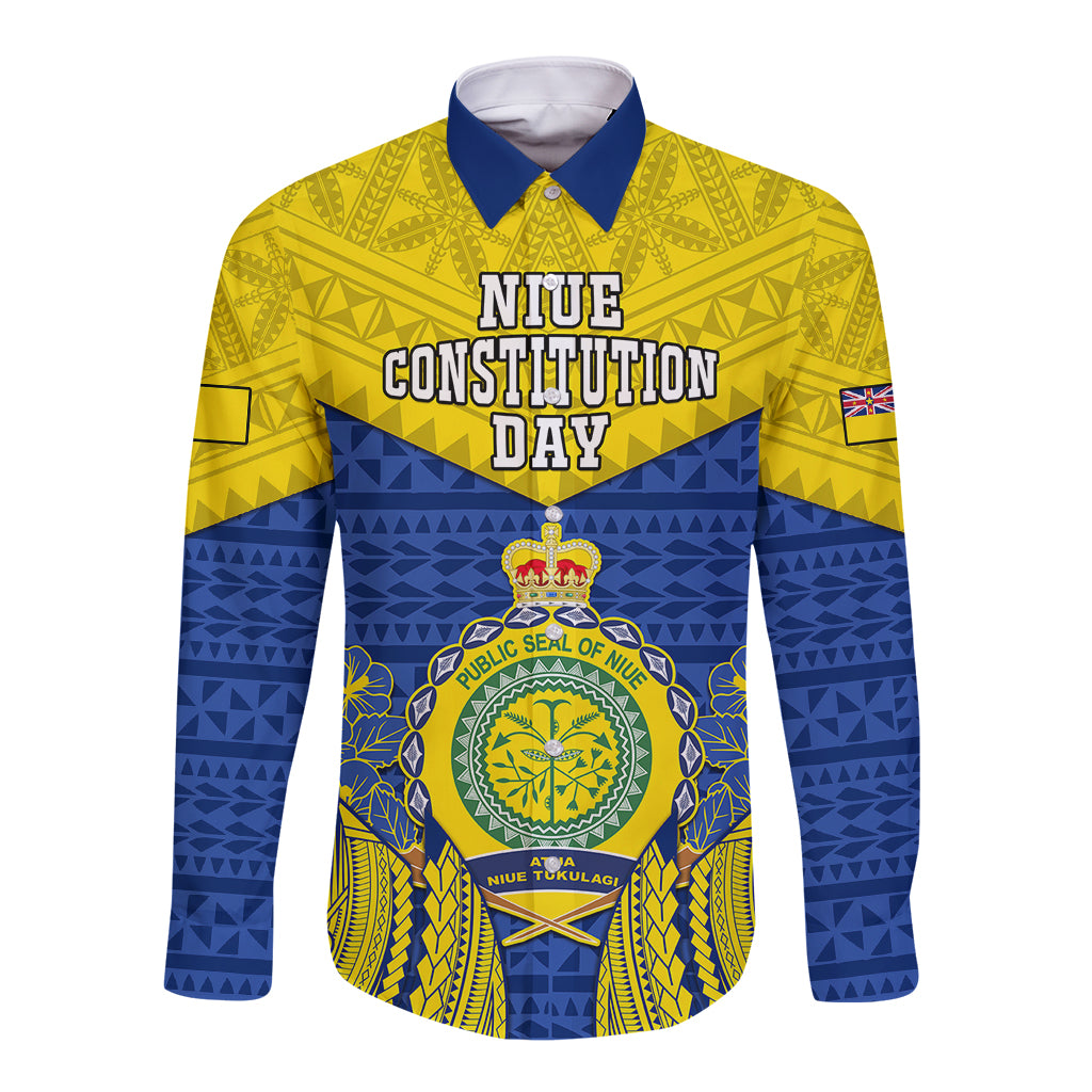 Niue Constitution Day Long Sleeve Button Shirt Coat Of Arms Niuean Hiapo Pattern LT05 Unisex Yellow - Polynesian Pride