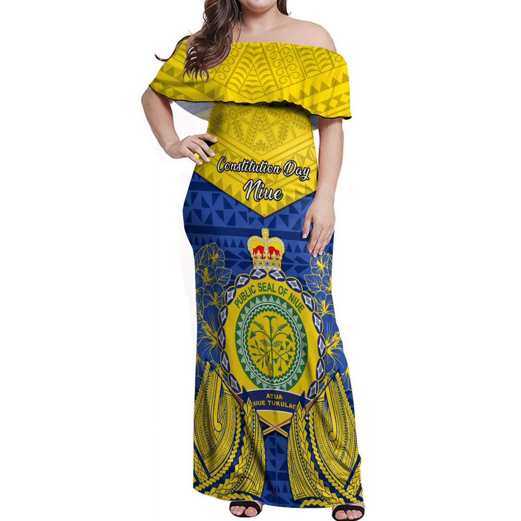 Niue Constitution Day Off Shoulder Maxi Dress Coat Of Arms Niuean Hiapo Pattern LT05 Women Yellow - Polynesian Pride
