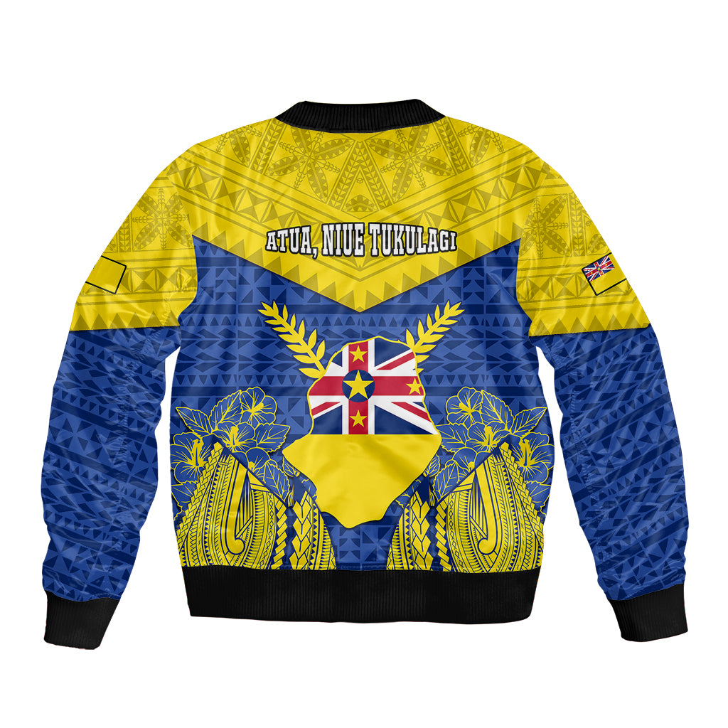 Niue Constitution Day Sleeve Zip Bomber Jacket Coat Of Arms Niuean Hiapo Pattern LT05 - Polynesian Pride