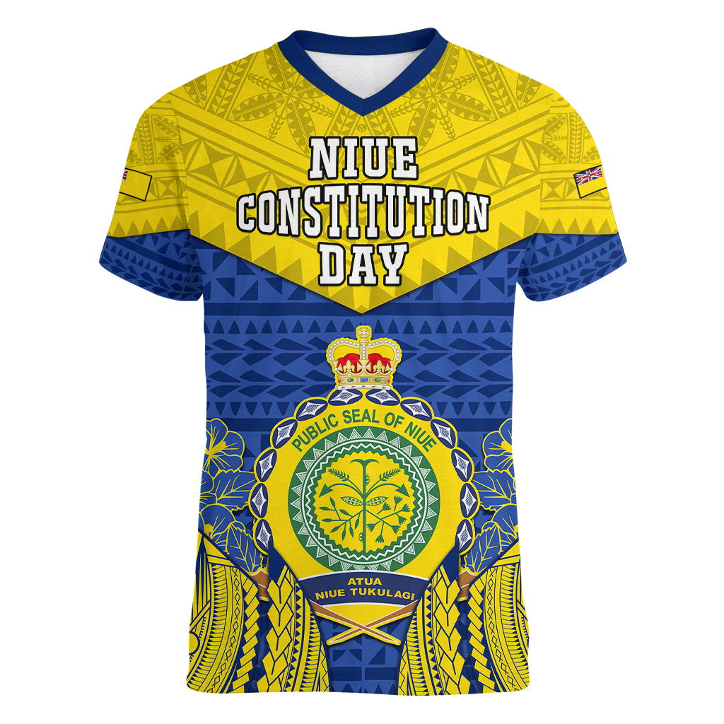 niue-constitution-day-women-v-neck-t-shirt-coat-of-arms-niuean-hiapo-pattern