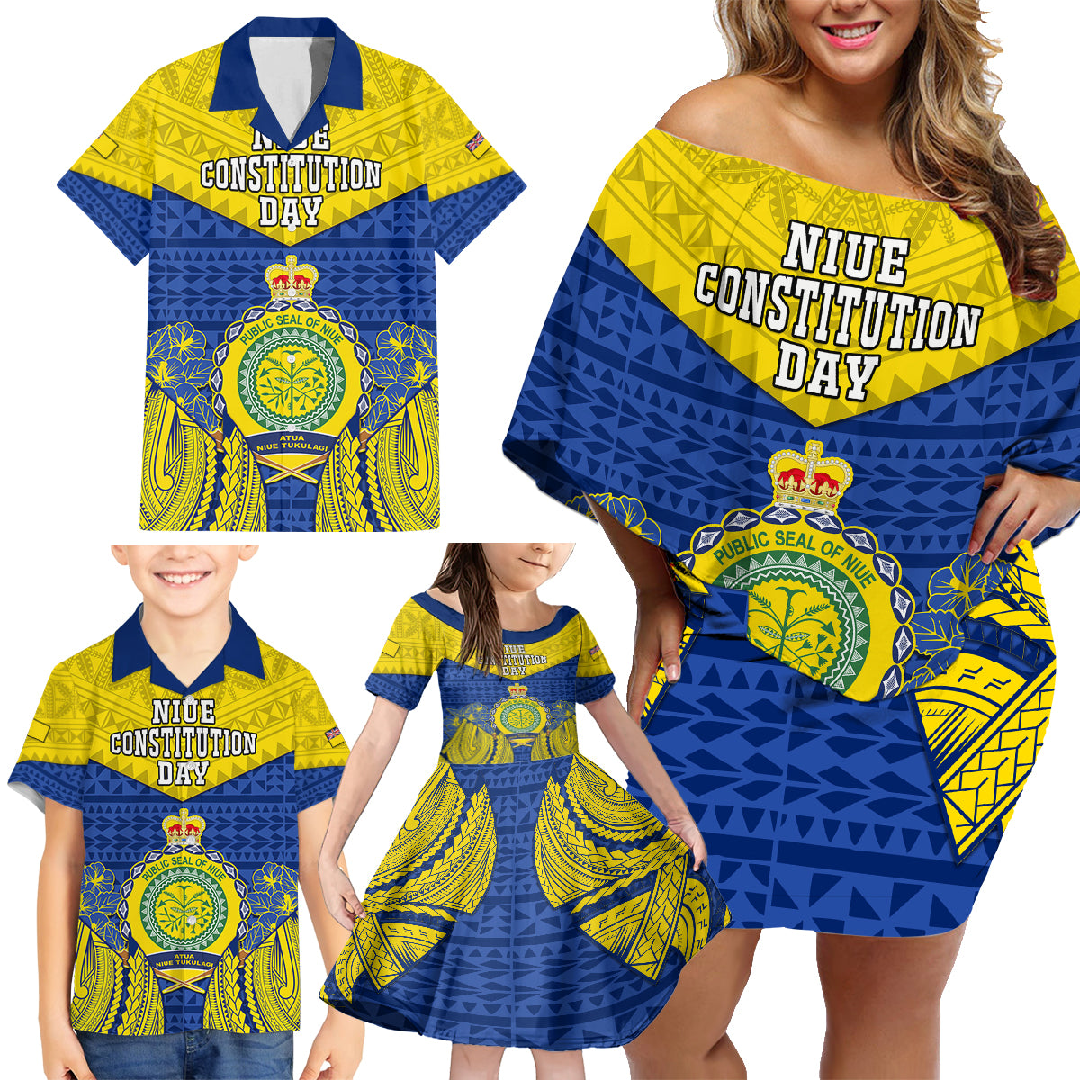 Personalized Niue Constitution Day Family Matching Off Shoulder Short Dress and Hawaiian Shirt Coat Of Arms Niuean Hiapo Pattern LT05 - Polynesian Pride