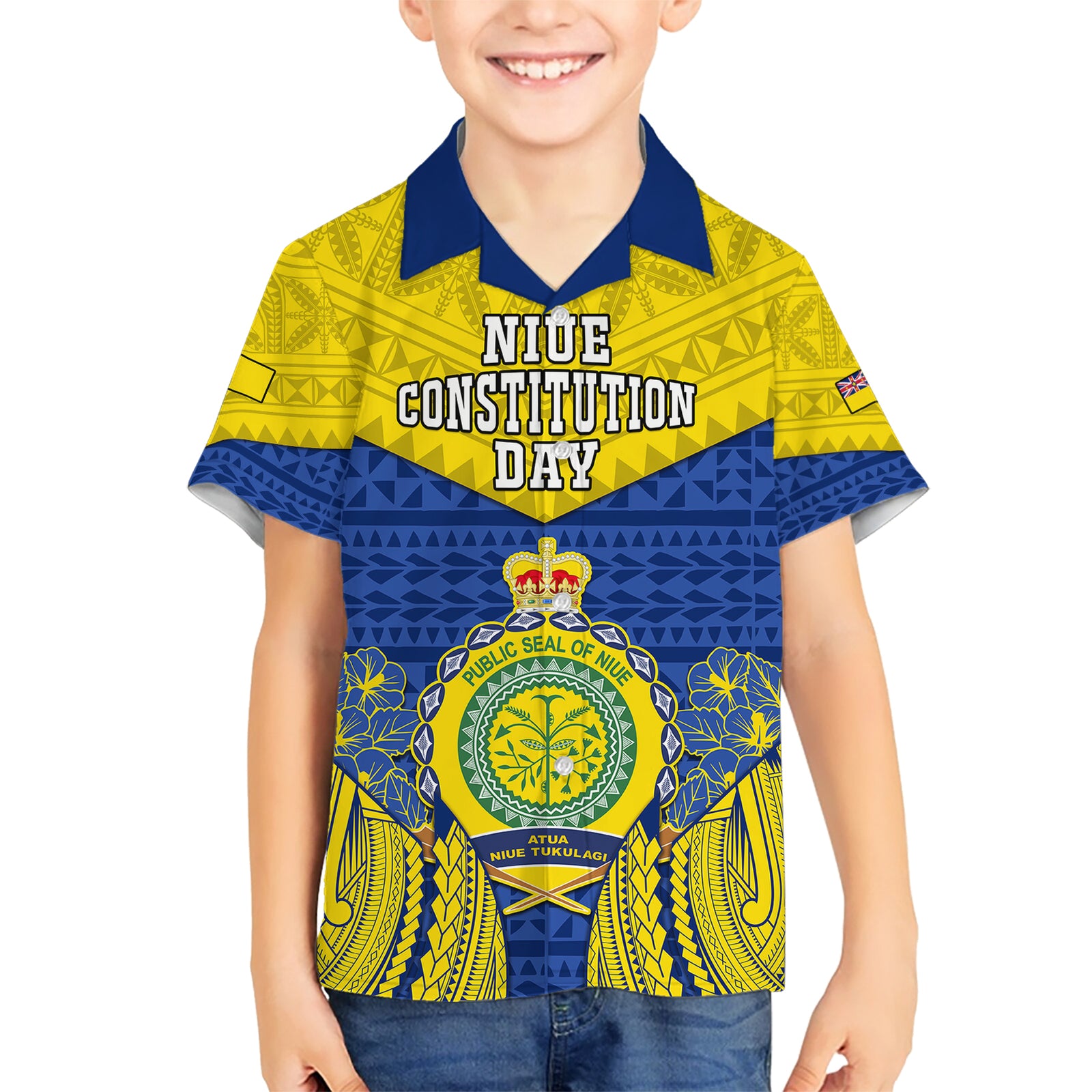 Personalized Niue Constitution Day Kid Hawaiian Shirt Coat Of Arms Niuean Hiapo Pattern LT05 Kid Yellow - Polynesian Pride