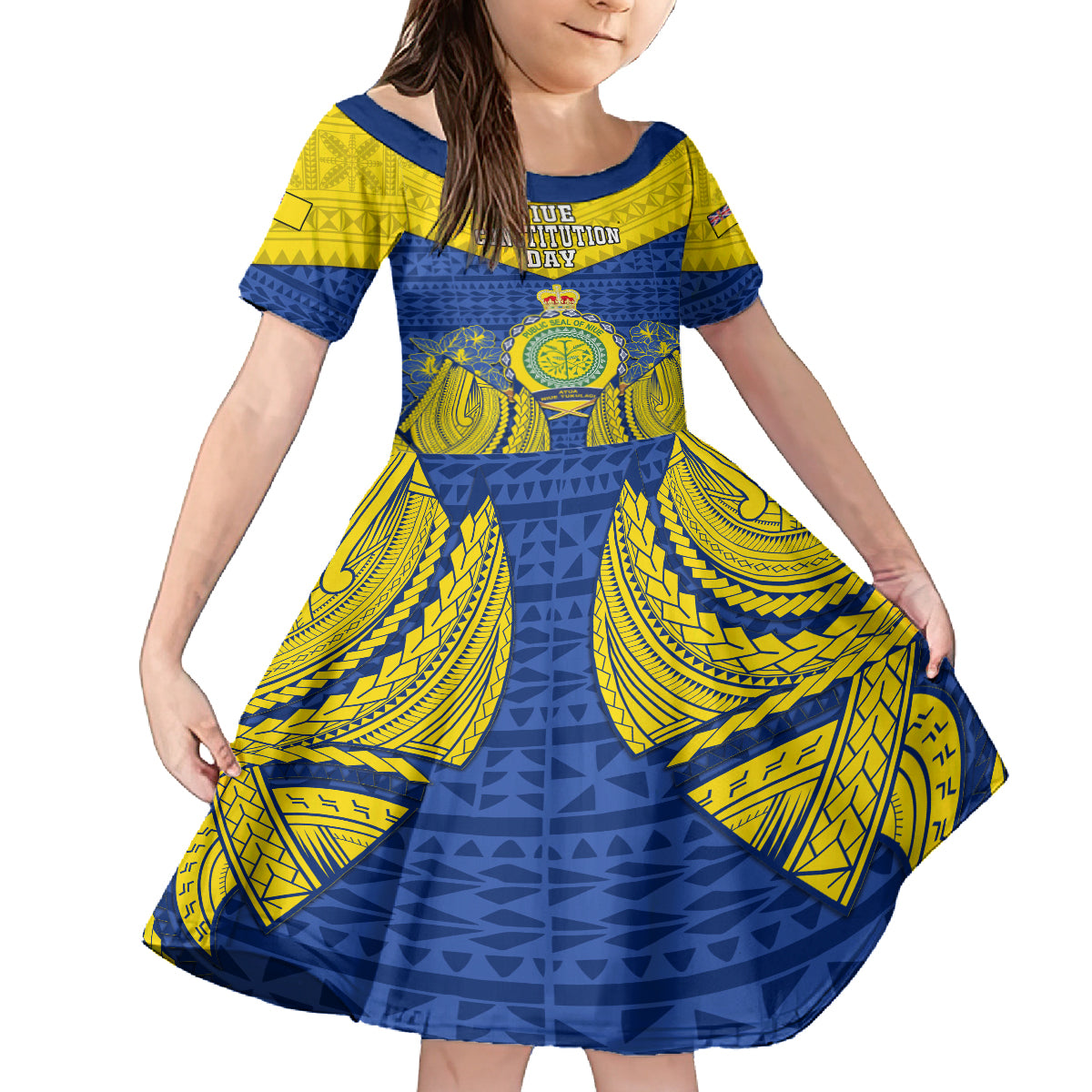 Personalized Niue Constitution Day Kid Short Sleeve Dress Coat Of Arms Niuean Hiapo Pattern LT05 KID Yellow - Polynesian Pride