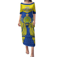 Personalized Niue Constitution Day Puletasi Coat Of Arms Niuean Hiapo Pattern LT05 Long Dress Yellow - Polynesian Pride