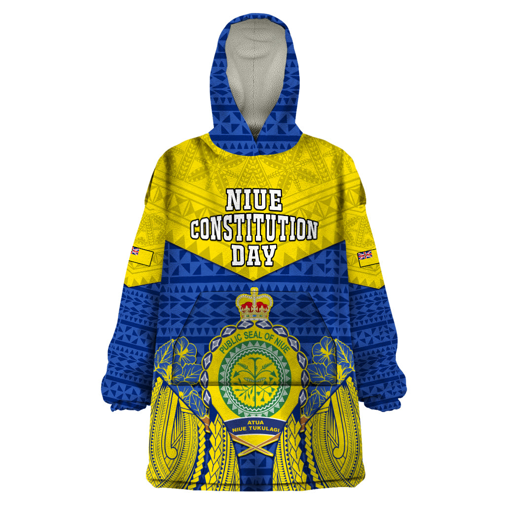 Personalized Niue Constitution Day Wearable Blanket Hoodie Coat Of Arms Niuean Hiapo Pattern LT05 One Size Yellow - Polynesian Pride
