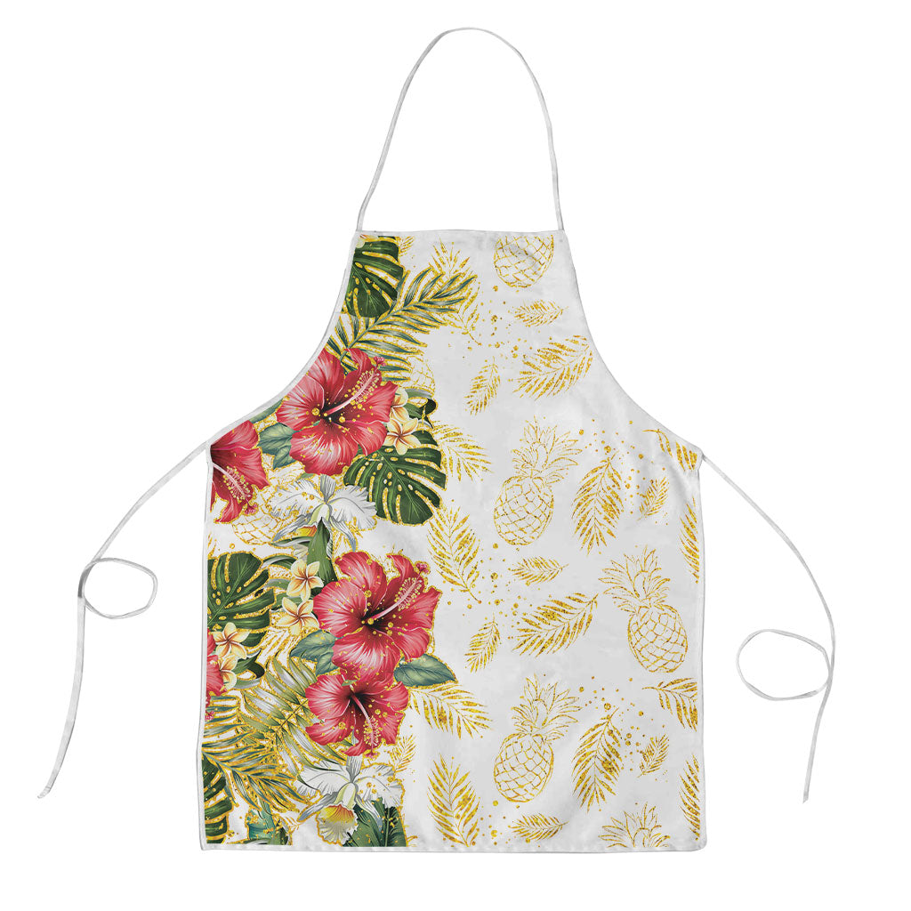 Hawaii Discoverers Day Apron Tropical Hibiscus Glitter White LT05 White - Polynesian Pride