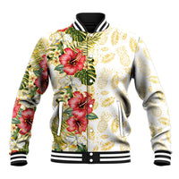Hawaii Discoverers Day Baseball Jacket Tropical Hibiscus Glitter White LT05 Unisex White - Polynesian Pride