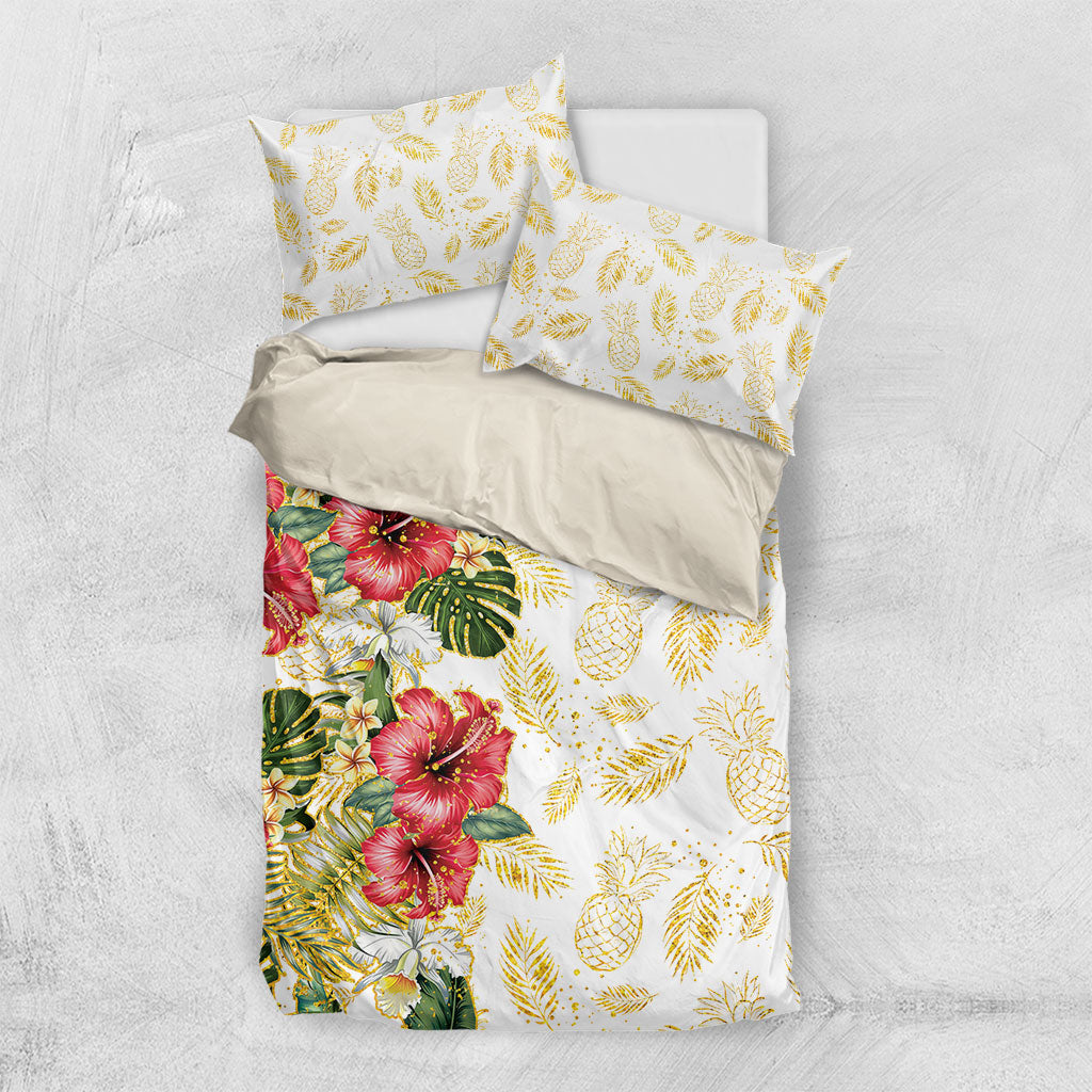 Hawaii Discoverers Day Bedding Set Tropical Hibiscus Glitter White LT05 US Twin 172cm x 218cm White - Polynesian Pride