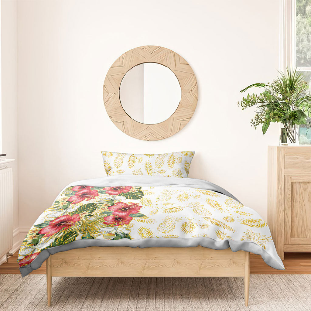 Hawaii Discoverers Day Bedding Set Tropical Hibiscus Glitter White LT05 - Polynesian Pride