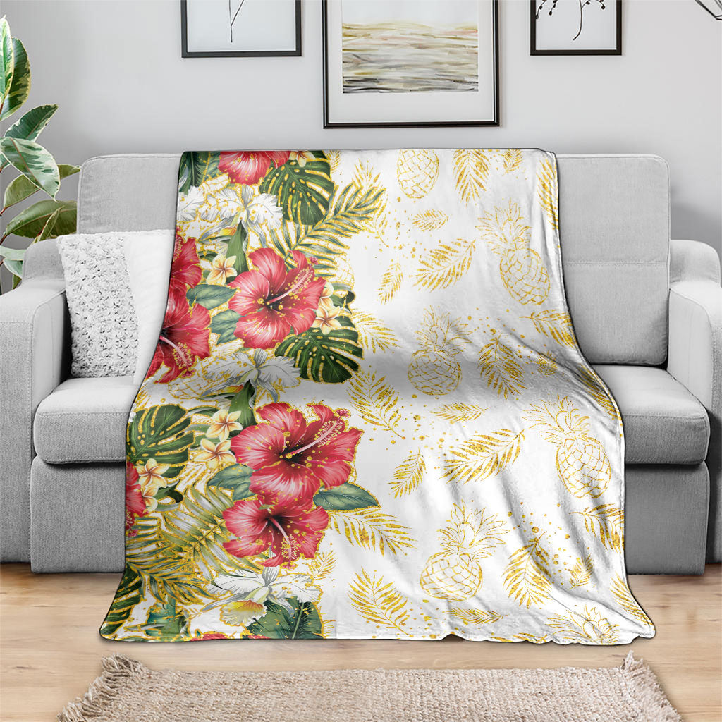 Hawaii Discoverers Day Blanket Tropical Hibiscus Glitter White LT05 - Polynesian Pride