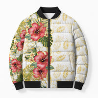 Hawaii Discoverers Day Bomber Puffer Jacket Tropical Hibiscus Glitter White LT05 Unisex White - Polynesian Pride