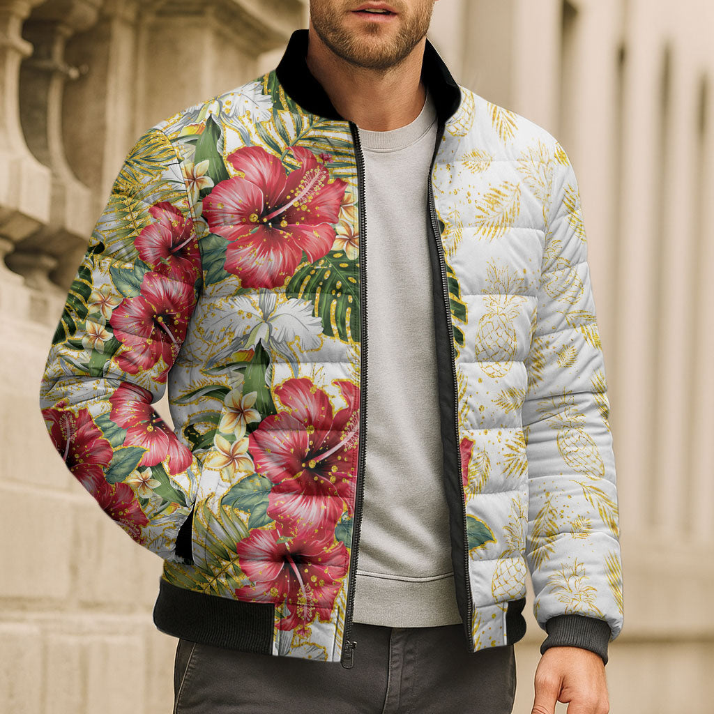 Hawaii Discoverers Day Bomber Puffer Jacket Tropical Hibiscus Glitter White LT05 - Polynesian Pride