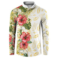 Hawaii Discoverers Day Button Sweatshirt Tropical Hibiscus Glitter White