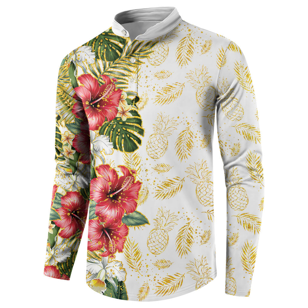 Hawaii Discoverers Day Button Sweatshirt Tropical Hibiscus Glitter White