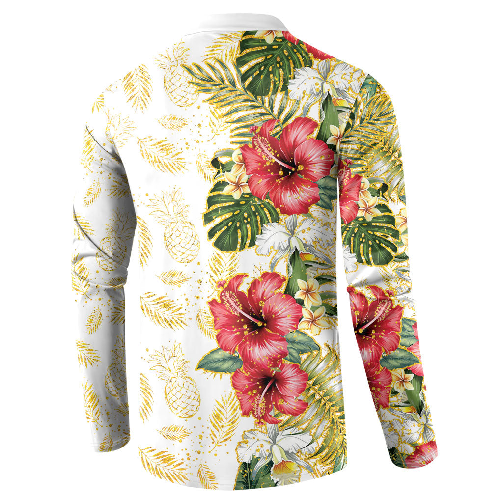 Hawaii Discoverers Day Button Sweatshirt Tropical Hibiscus Glitter White