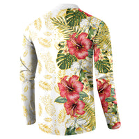 Hawaii Discoverers Day Button Sweatshirt Tropical Hibiscus Glitter White