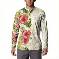 Hawaii Discoverers Day Button Sweatshirt Tropical Hibiscus Glitter White