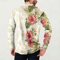 Hawaii Discoverers Day Button Sweatshirt Tropical Hibiscus Glitter White
