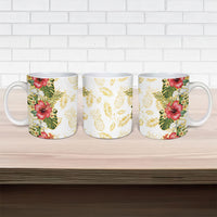 Hawaii Discoverers Day Ceramic Mug Tropical Hibiscus Glitter White