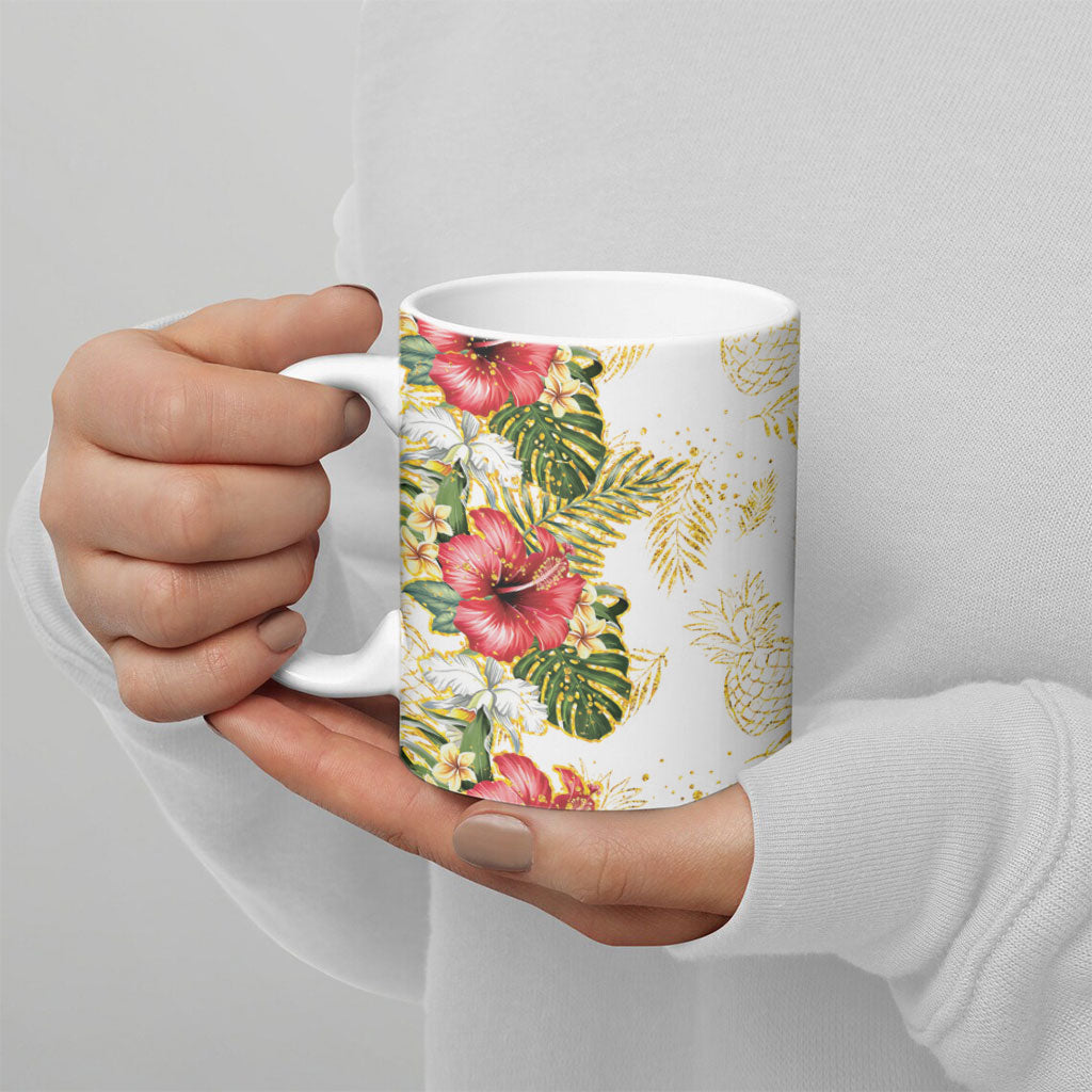 Hawaii Discoverers Day Ceramic Mug Tropical Hibiscus Glitter White